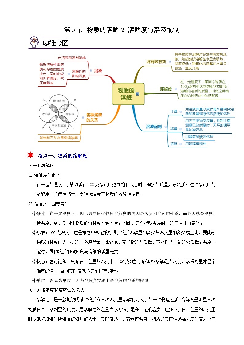 八上第一章 第五节 物质的溶解2 溶解度与溶液配制 举一反三练（含解析）01