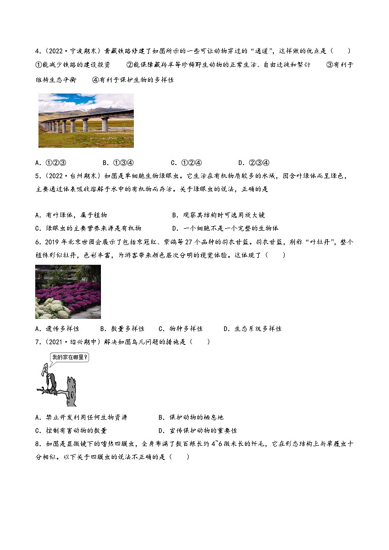 浙教版七年级科学上册同步精品课堂第11讲《物种的多样性》(分层练习)(原卷版+解析)02