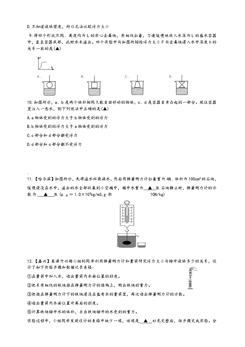 浙教版八年级科学上册课后培优练第一章第三节《水的浮力》提升训练A(原卷版+解析)第3页