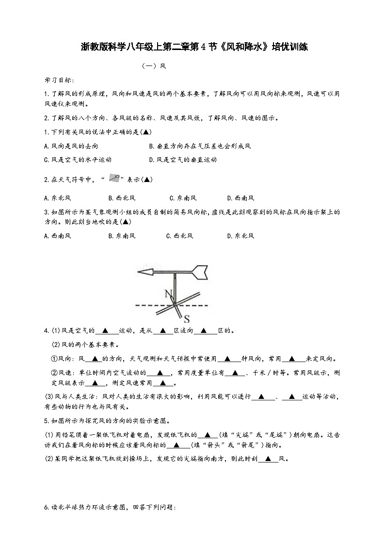 浙教版八年级科学上册课后培优练第二章第四节《风和降水》培优训练A(原卷版+解析)01