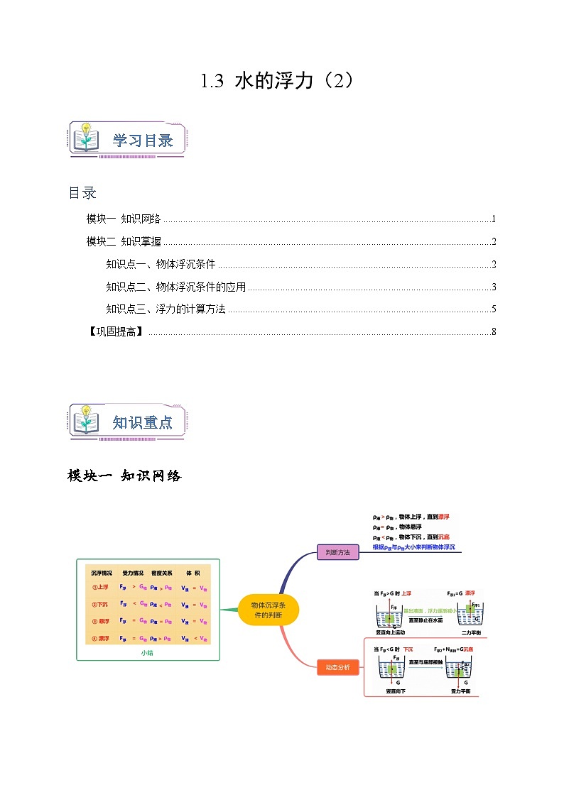 浙教版八年级科学上册讲练测1.3水的浮力(2)(原卷版+解析)01