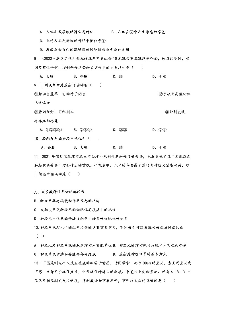 浙教版八年级科学上册讲练课堂3.3神经调节(练习)(原卷版+解析)第3页