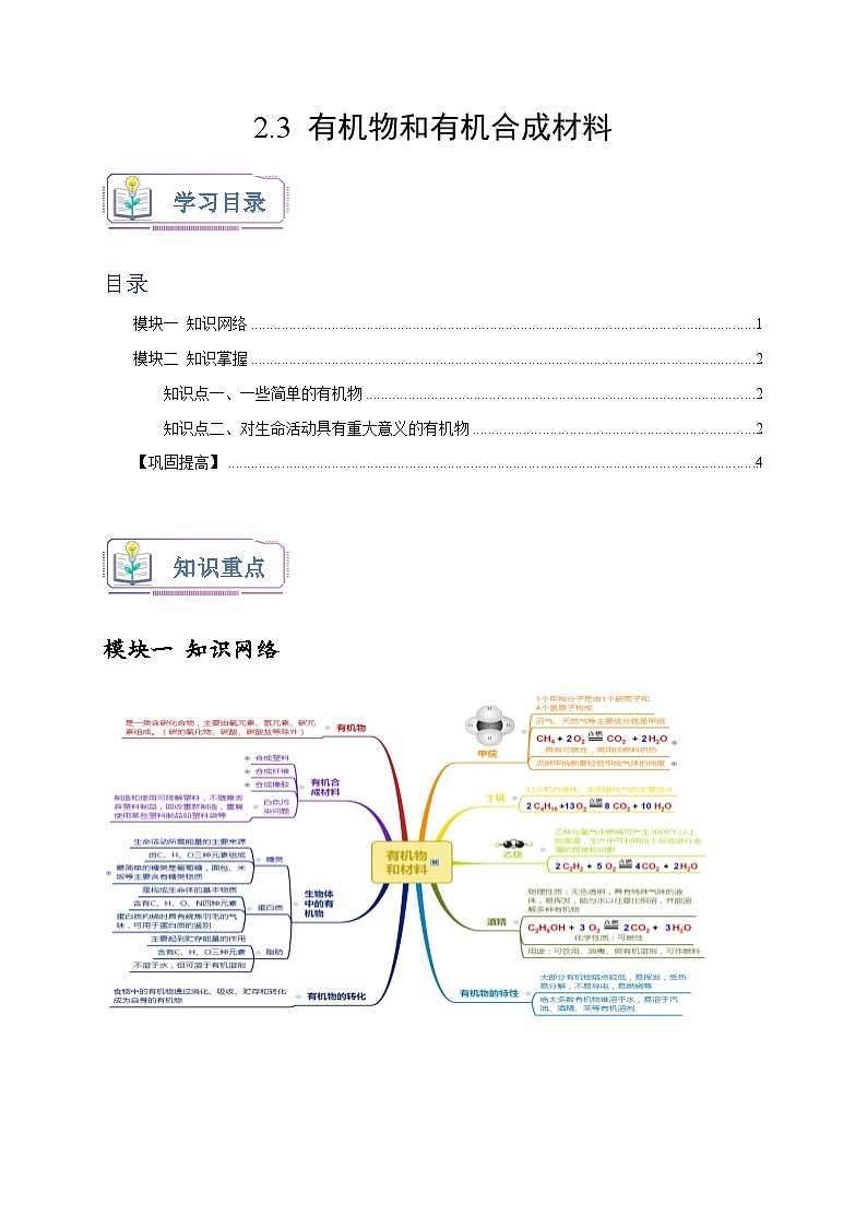 浙教版九年级科学上册讲练测2.3有机物和有机合成材料(原卷版+解析)01
