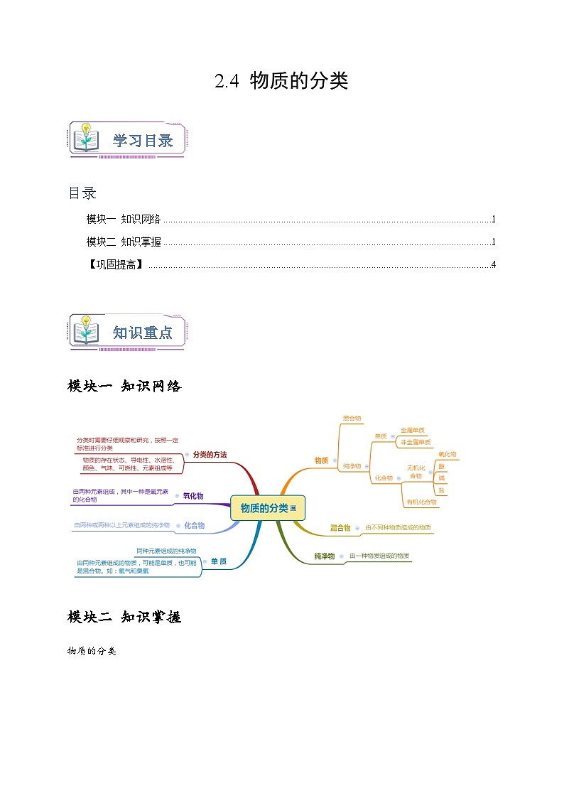 浙教版九年级科学上册讲练测2.4物质的分类(原卷版+解析)01