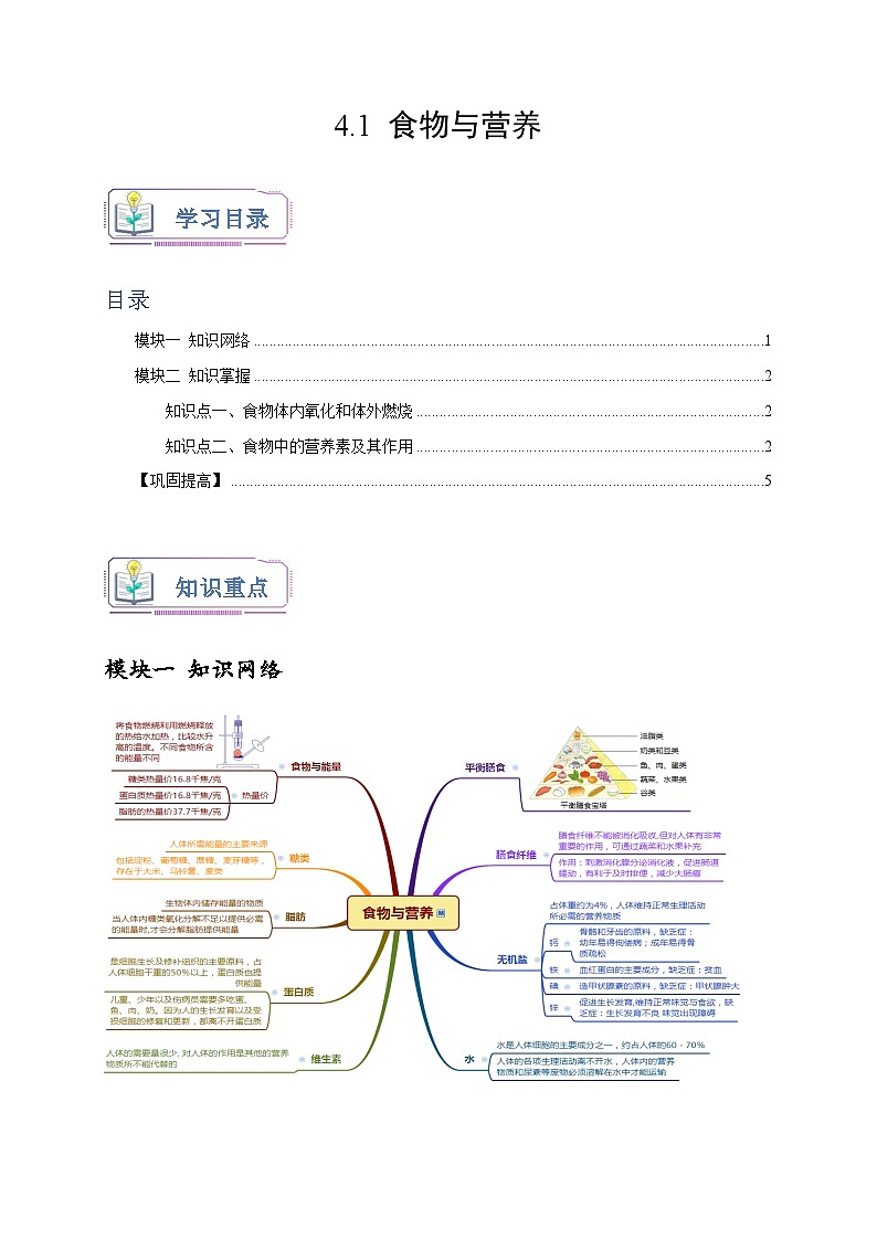 浙教版九年级科学上册讲练测4.1食物与营养(原卷版+解析)01