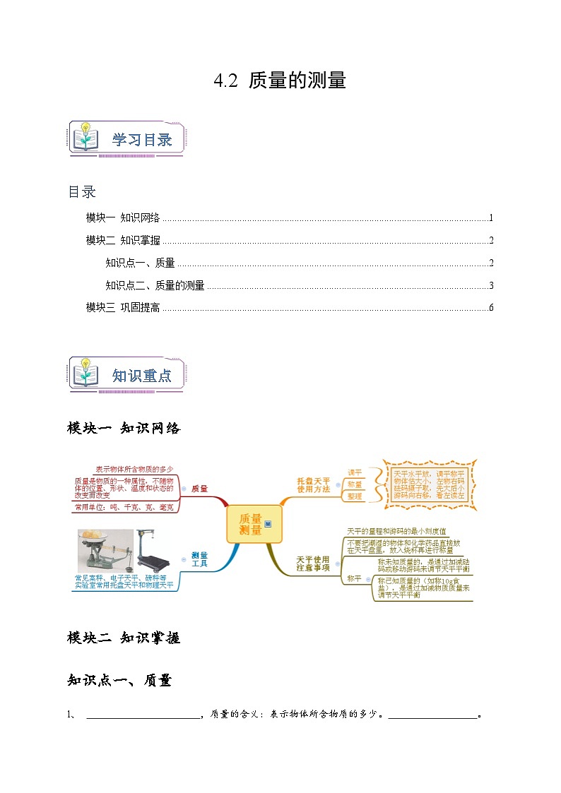 浙教版七年级科学上册讲练测4.2质量的测量(原卷版+解析)01
