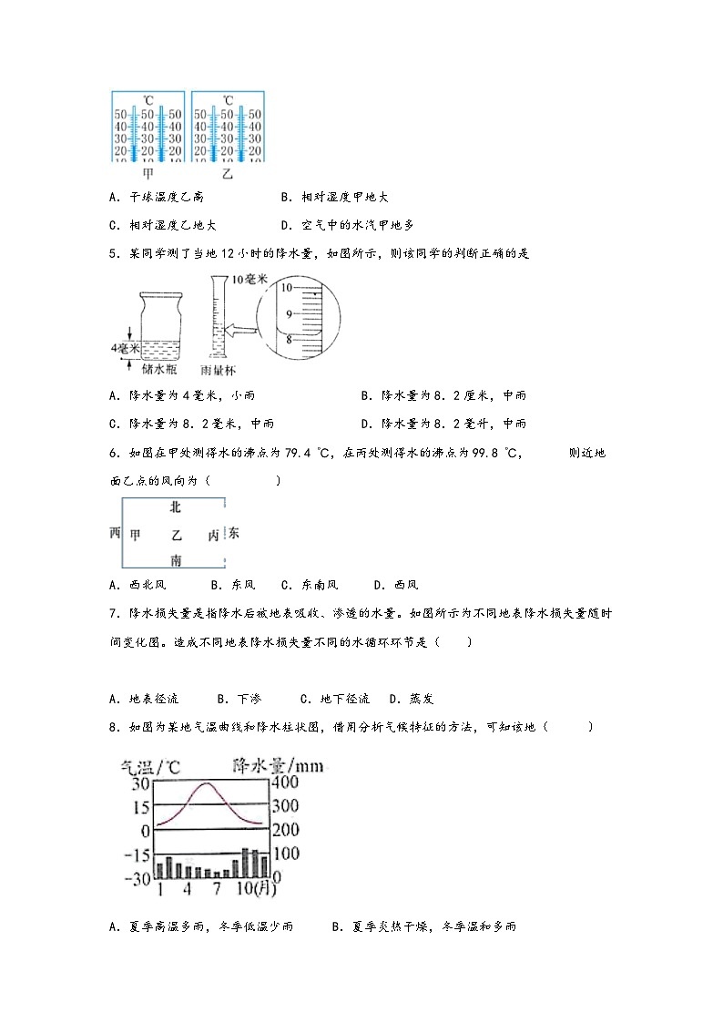 浙教版八年级上册科学讲练课堂2.4风和降水(练习)(原卷版+解析)02