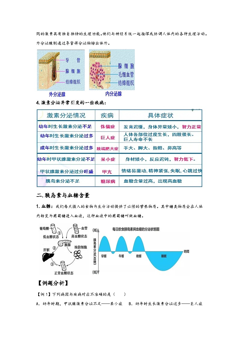 浙教版八年级上册科学讲练课堂3.2人体的激素调节(讲义)(原卷版+解析)02