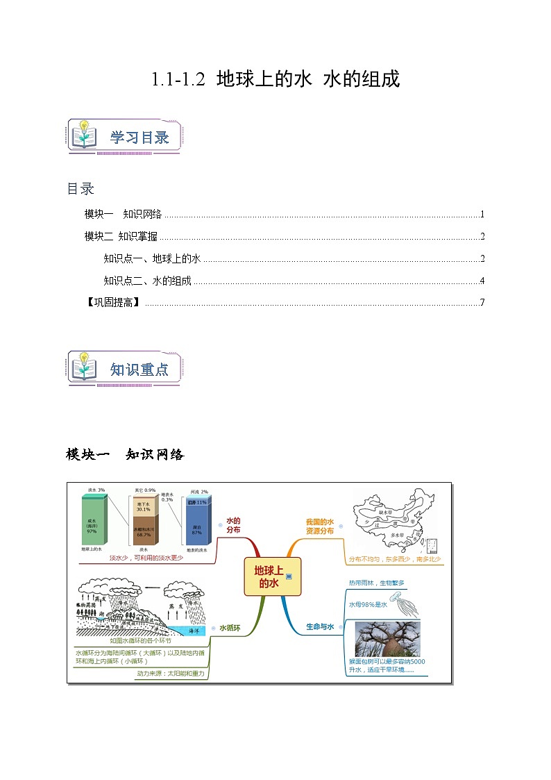 浙教版八年级科学上册讲练测1.1-1.2地球上的水水的组成(原卷版+解析)01
