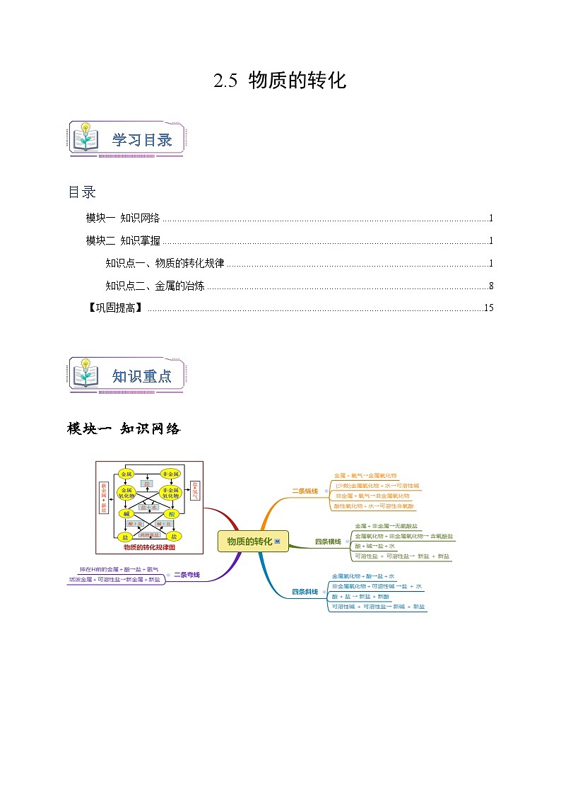 浙教版九年级科学上册2.5物质的转化(原卷版+解析)01