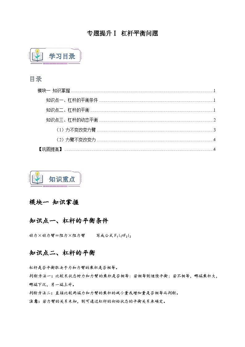 浙教版九年级科学上册专题提升Ⅰ杠杆平衡问题(原卷版+解析)01