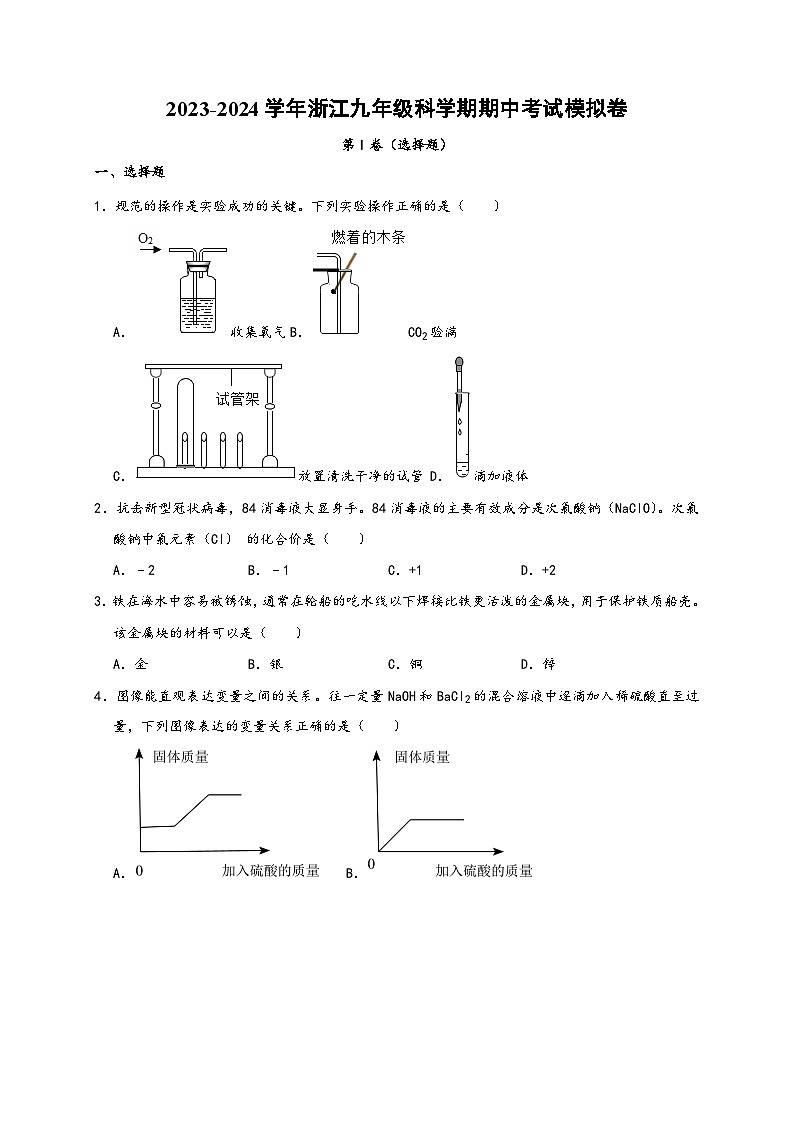 浙教版九年级科学上册期中考试模拟卷(原卷版+解析)01