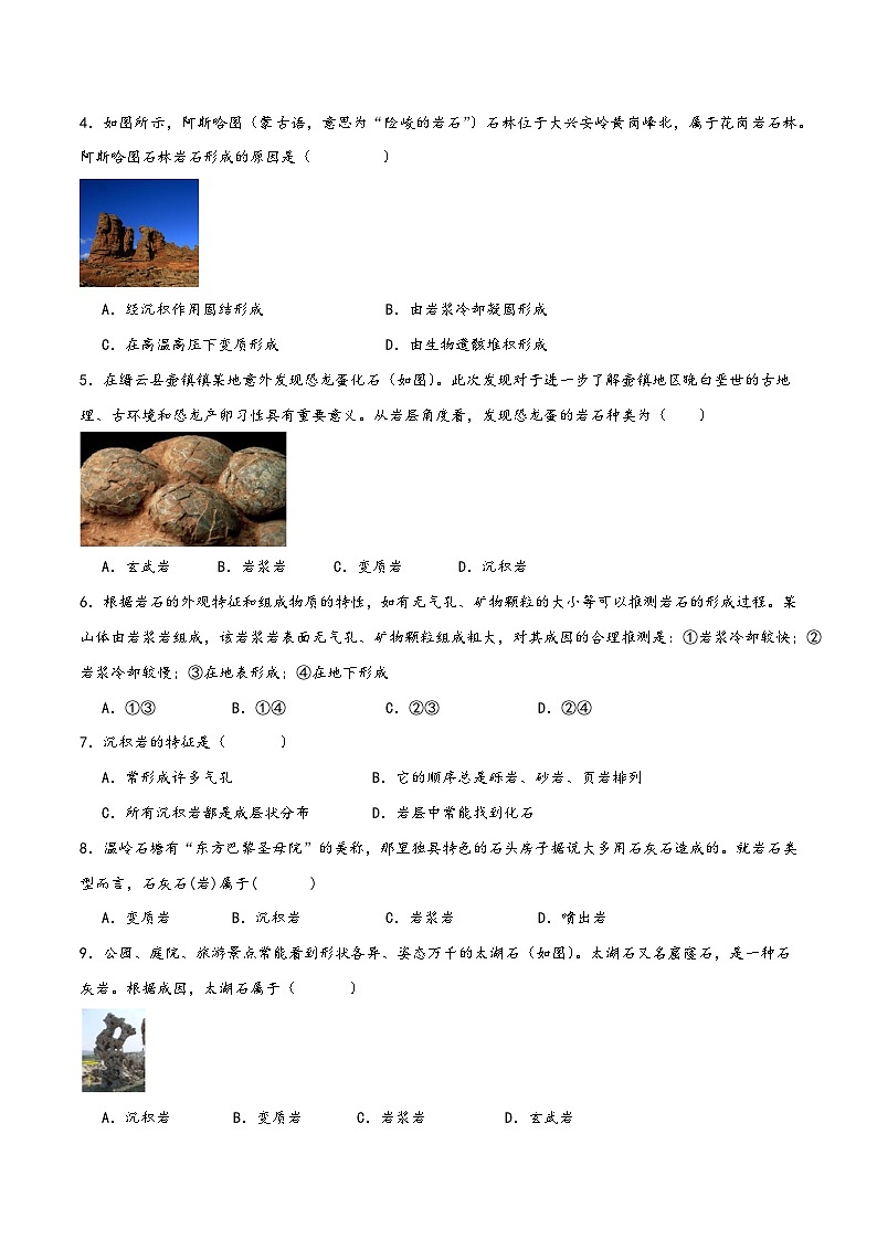浙教版七年级科学上册讲练课堂3.3组成地壳的岩石(练习)(原卷版+解析)02