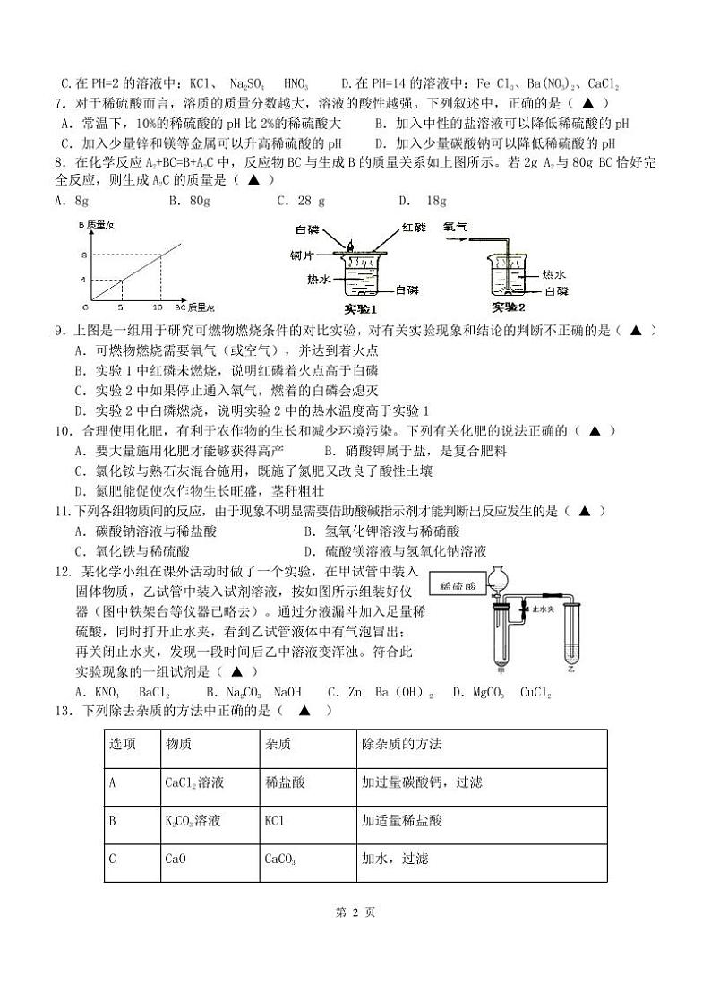 萧山高桥初中教育集团2022学年第一学期九年级科学试题及参考答案（PDF版，含答案）第2页