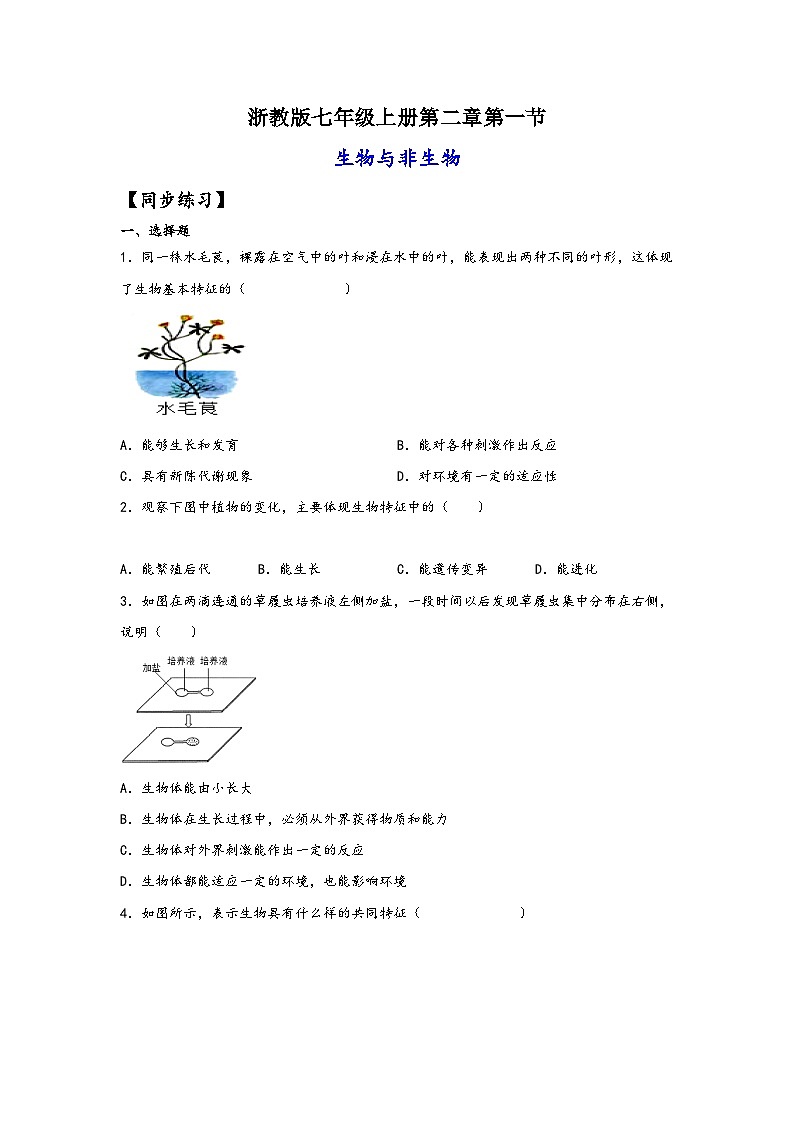 浙教版七年级科学上册同步练习2.1生物与非生物(练习)(原卷版+解析)01