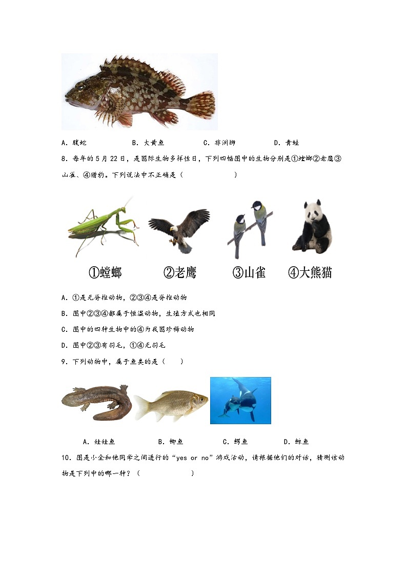 浙教版七年级科学上册同步练习2.4常见的动物(练习)(原卷版+解析)03