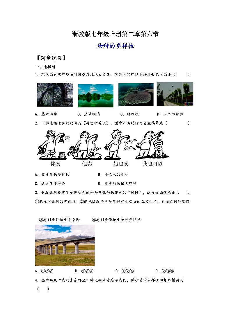 浙教版七年级科学上册同步练习2.6物种的多样性(练习)(原卷版+解析)01