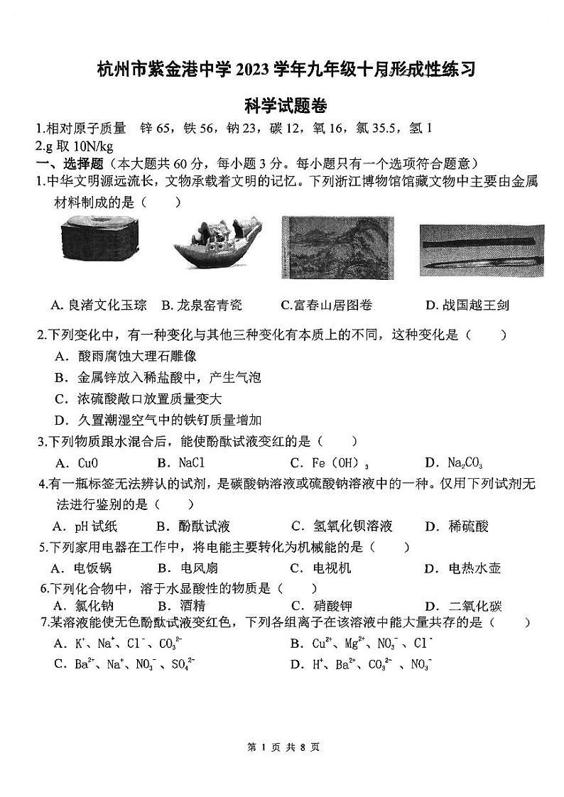 九年级2023年紫金港科学10月月考卷（PDF版，不含答案）第1页