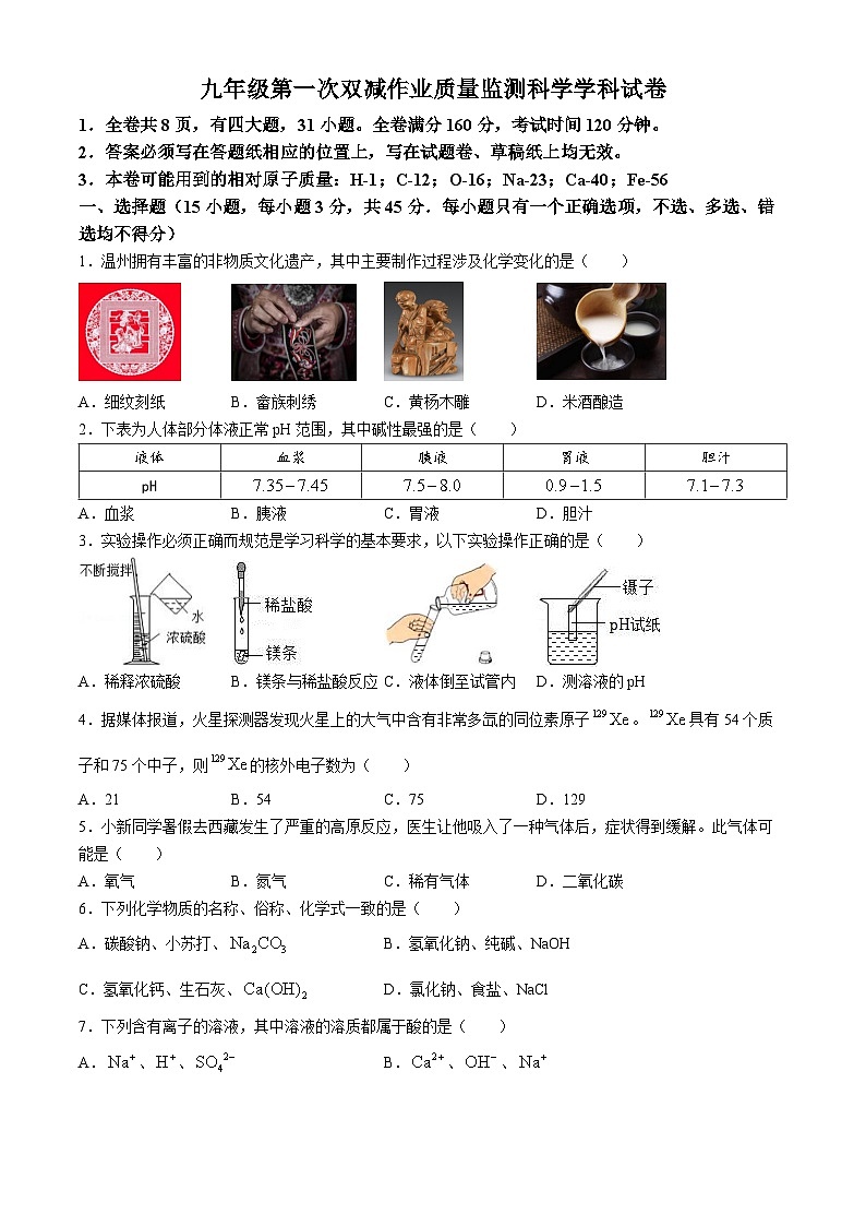 浙江省温州市瑞安市新纪元实验学校2024-2025学年九年级上学期9月月考科学试卷第1页