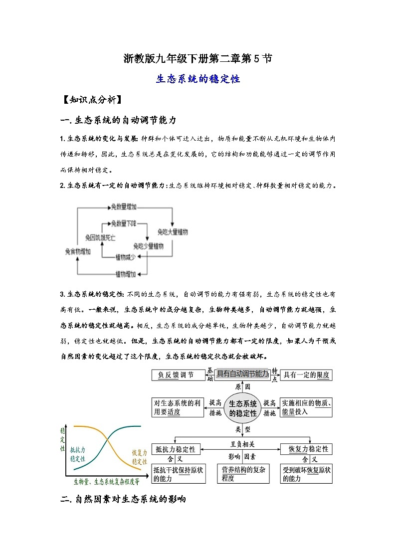 浙教版九年级下册科学讲练课堂2.5生态系统的稳定性(讲义)(原卷版+解析)01