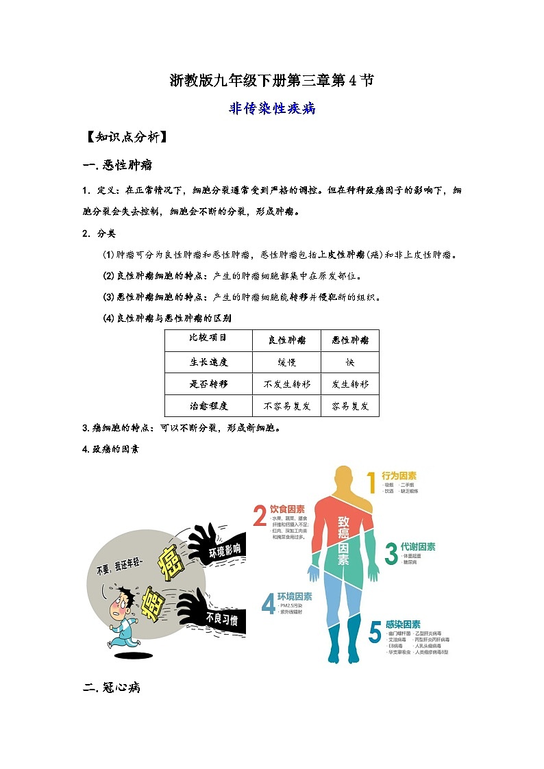 浙教版九年级下册科学讲练课堂3.4非传染性疾病(讲义)(原卷版+解析)01