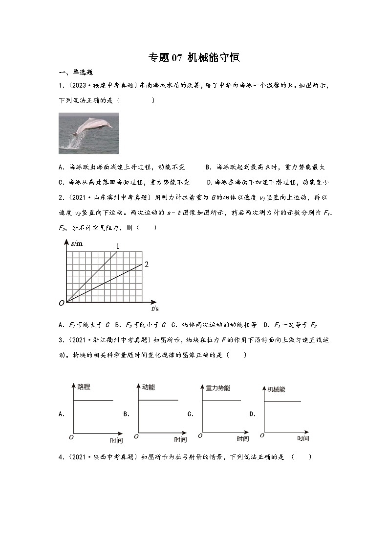 中考科学三年(2021-2023)真题分项汇编(浙江专用)专题07机械能守恒专题特训(原卷版+解析)第1页