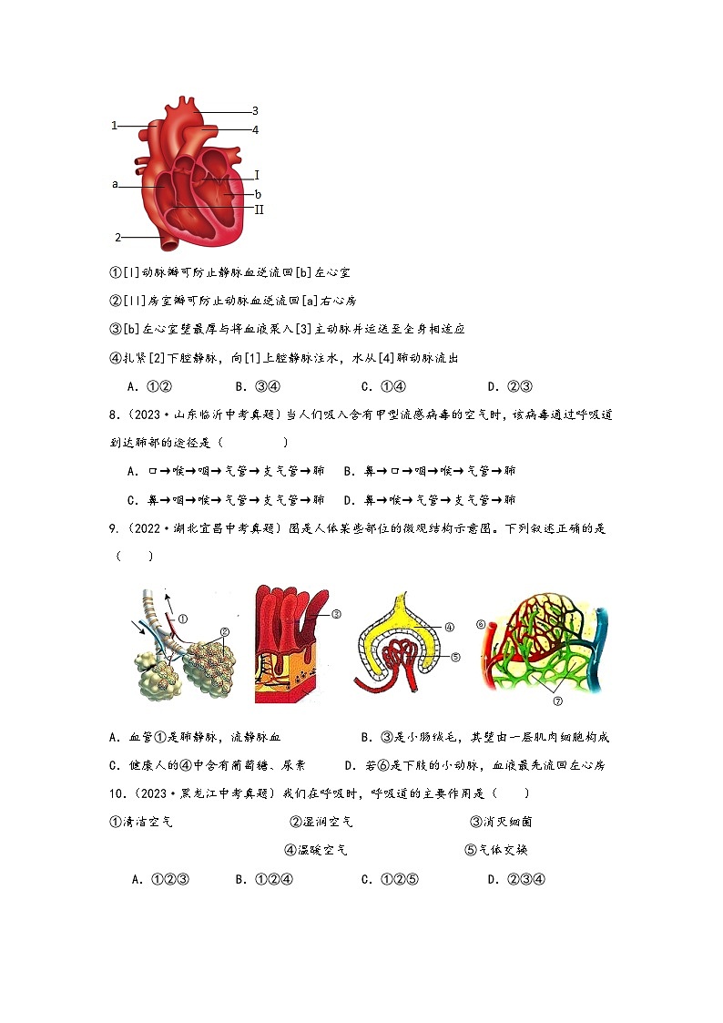 中考科学三年(2021-2023)真题分项汇编(浙江专用)专题43呼吸系统与循环系统专题特训(原卷版+解析)第3页