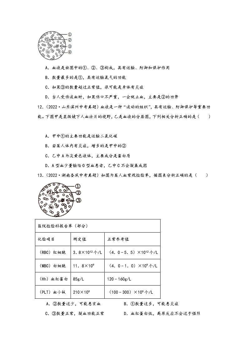 中考科学三年(2021-2023)真题分项汇编(浙江专用)专题45血管、血液与血型专题特训(原卷版+解析)第3页