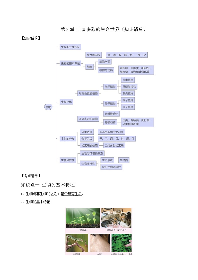 第2章 丰富多彩的生命世界（知识清单）-七年级科学上册同步高效课堂（浙教版）01
