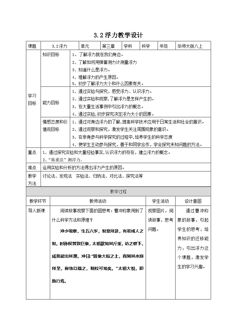 华师大版科学八年级上册3.2浮力教案01