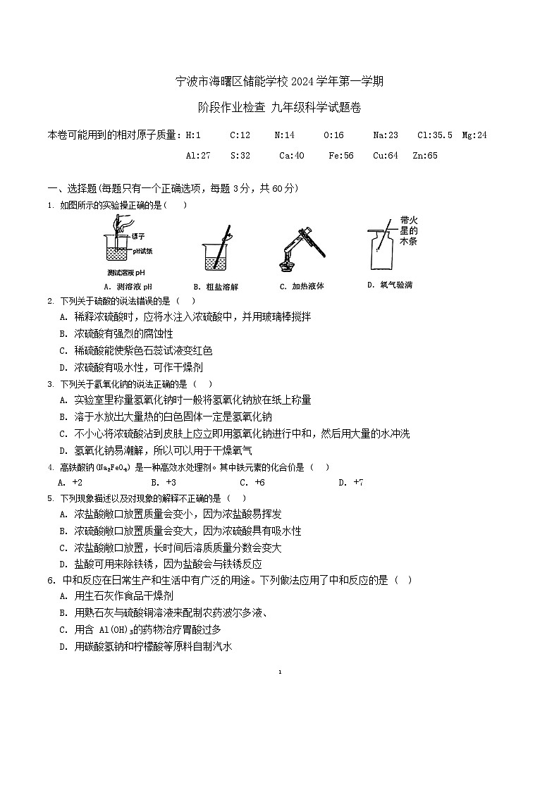 浙江省宁波市海曙区储能学校2024-2025学年九年级上学期10月阶段作业检查科学试题卷第1页