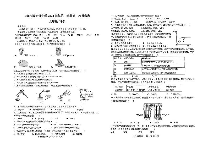 浙江省台州市玉环市实验初级中学2024-2025学年九年级上学期第一次月考科学试题01