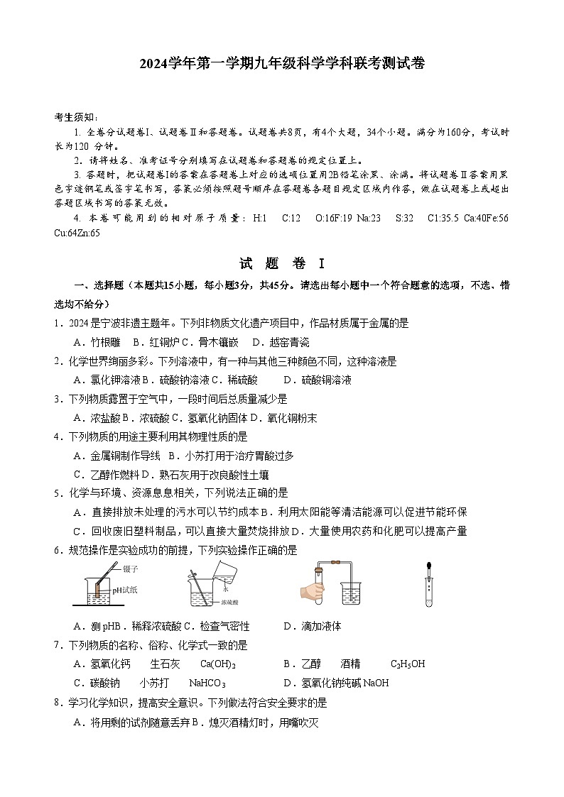 浙江省宁波市鄞州区十二校联考2024-2025学年九年级上学期10月月考科学试题第1页