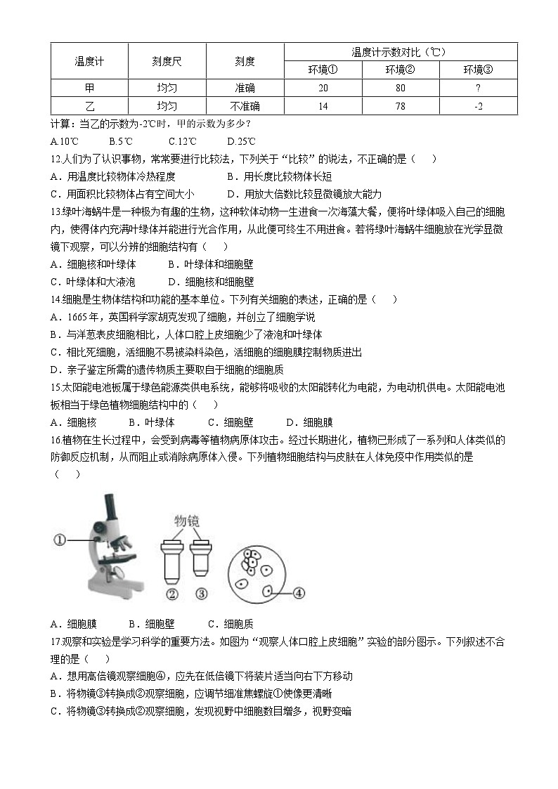 浙江省杭州市萧山区高桥金帆实验学校2024-2025学年七年级上学期10月月考科学试卷(无答案)02