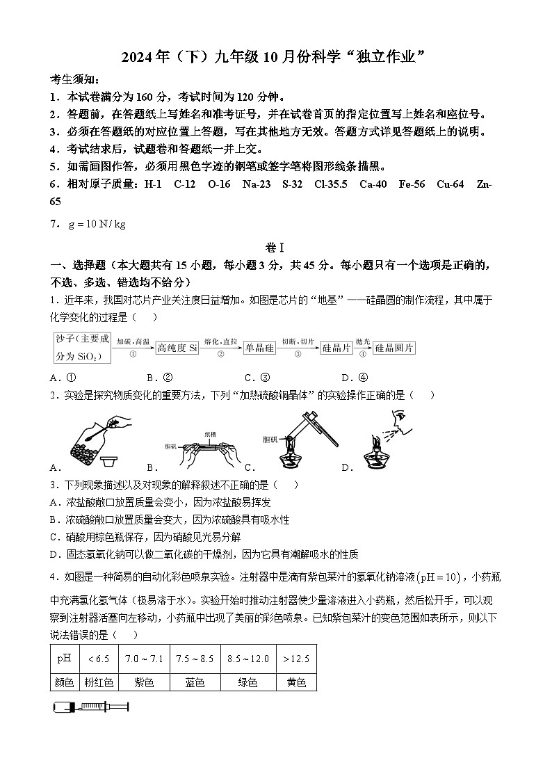 浙江省温州市龙湾私立学校联考2024-2025学年九年级上学期10月独立作业科学试题(无答案)第1页