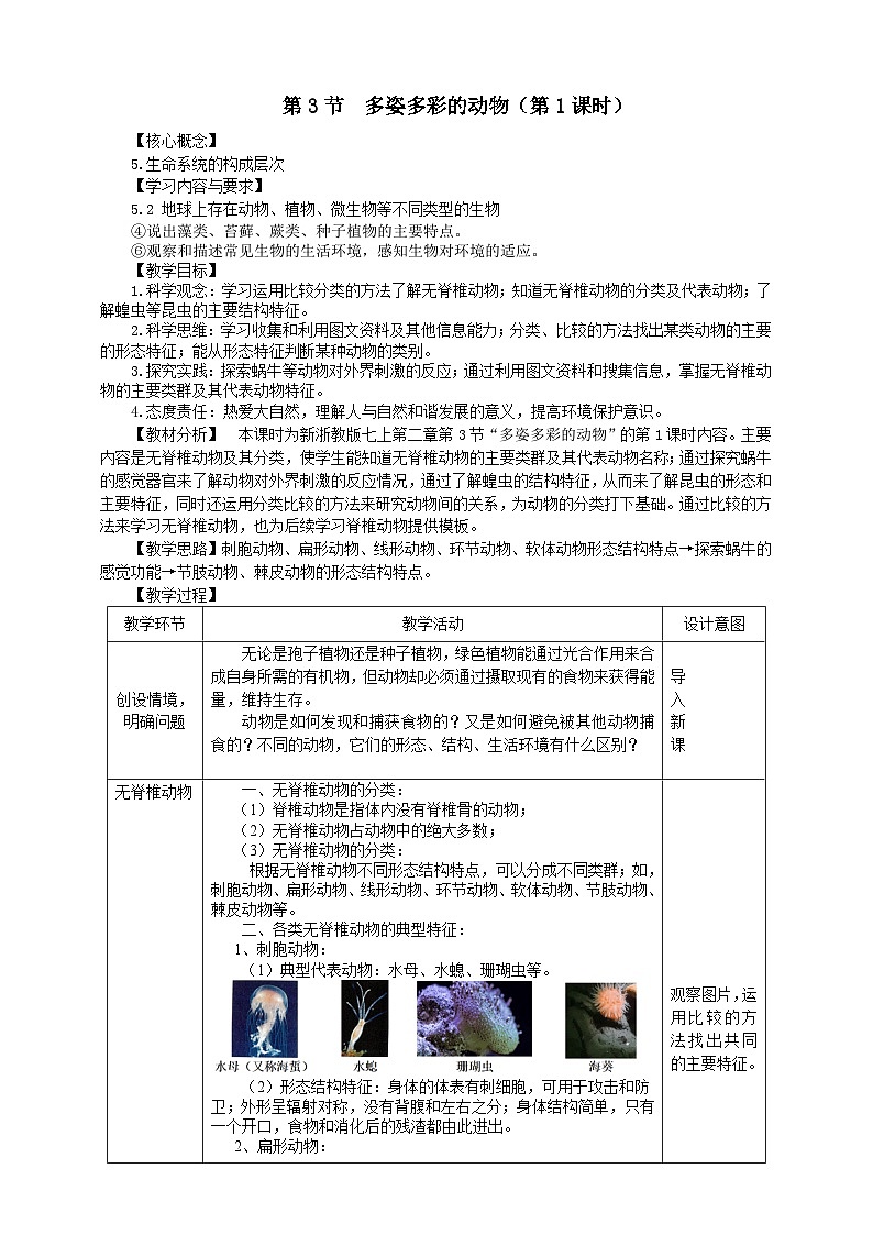 浙教版2024七年级上册科学第2章   第3节  多姿多彩的动物（第1课时）  教学设计01