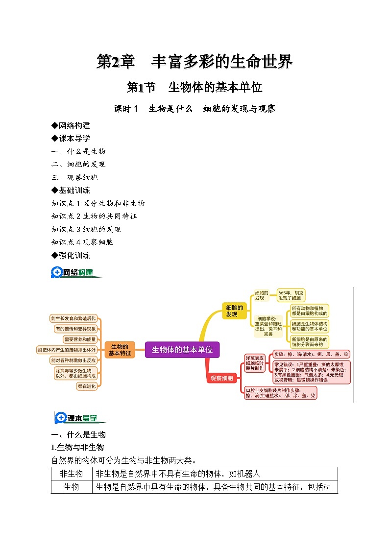 2.1.1生物体的基本单位——生物是什么  细胞的发现与观察（原卷版）第1页