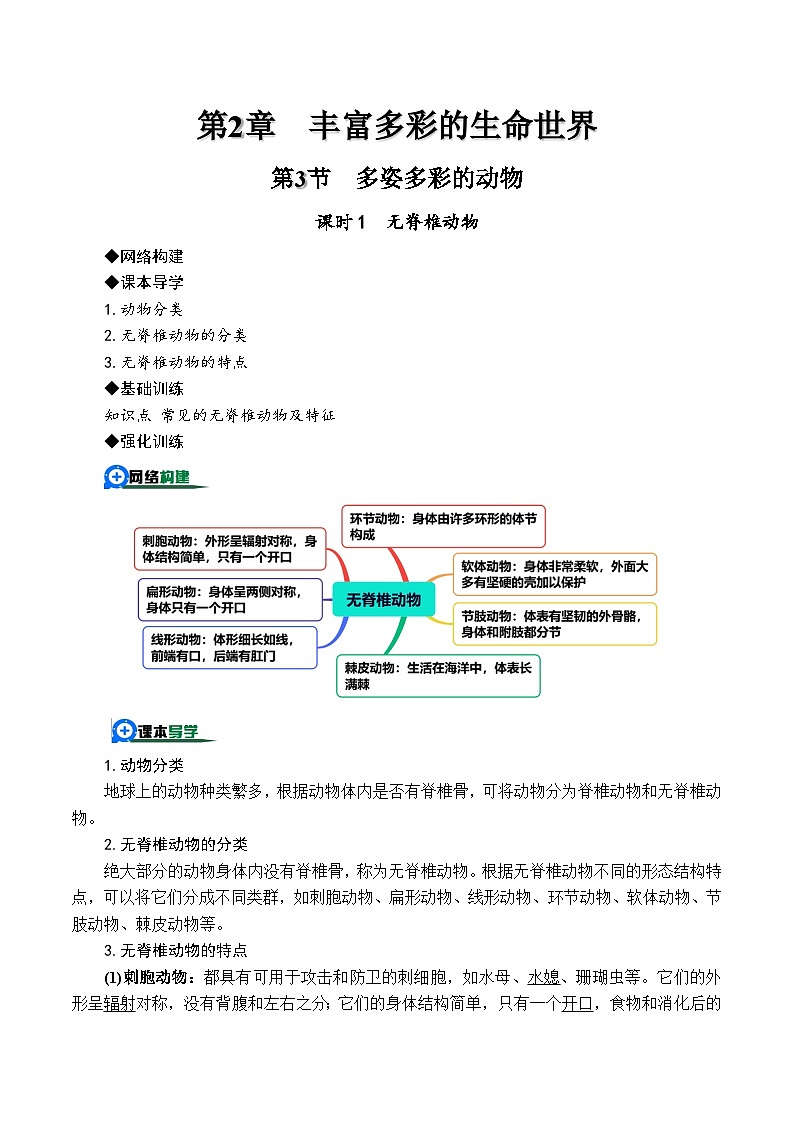 （浙教版2024）七年级上册科学2.3.1多姿多彩的动物——无脊椎动物 同步练习含解析版01
