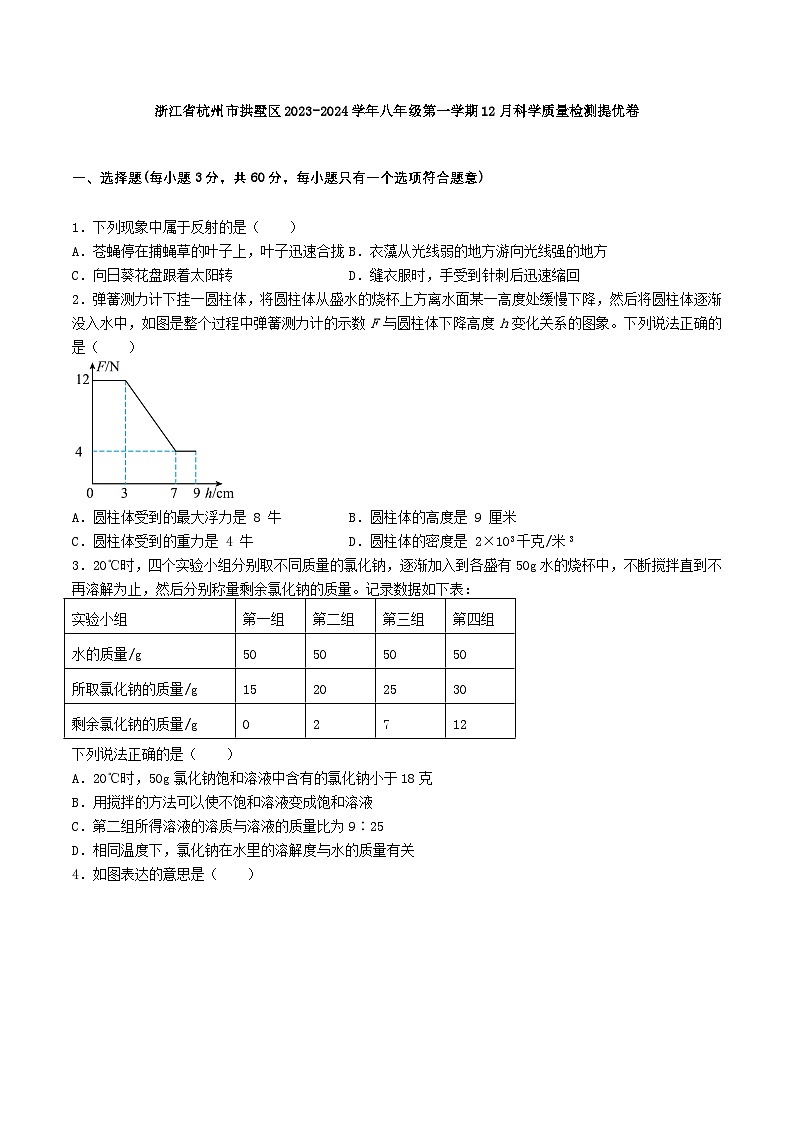 2023-2024学年浙江省杭州市拱墅区八年级（上）质检科学试卷（12月份）01