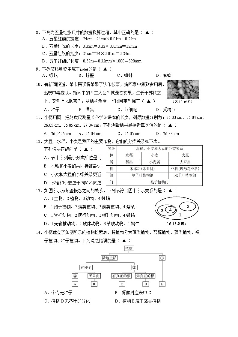 浙江省宁波市鄞州区十二校期中联考2024-2025学年七年级上学期11月期中科学试题02