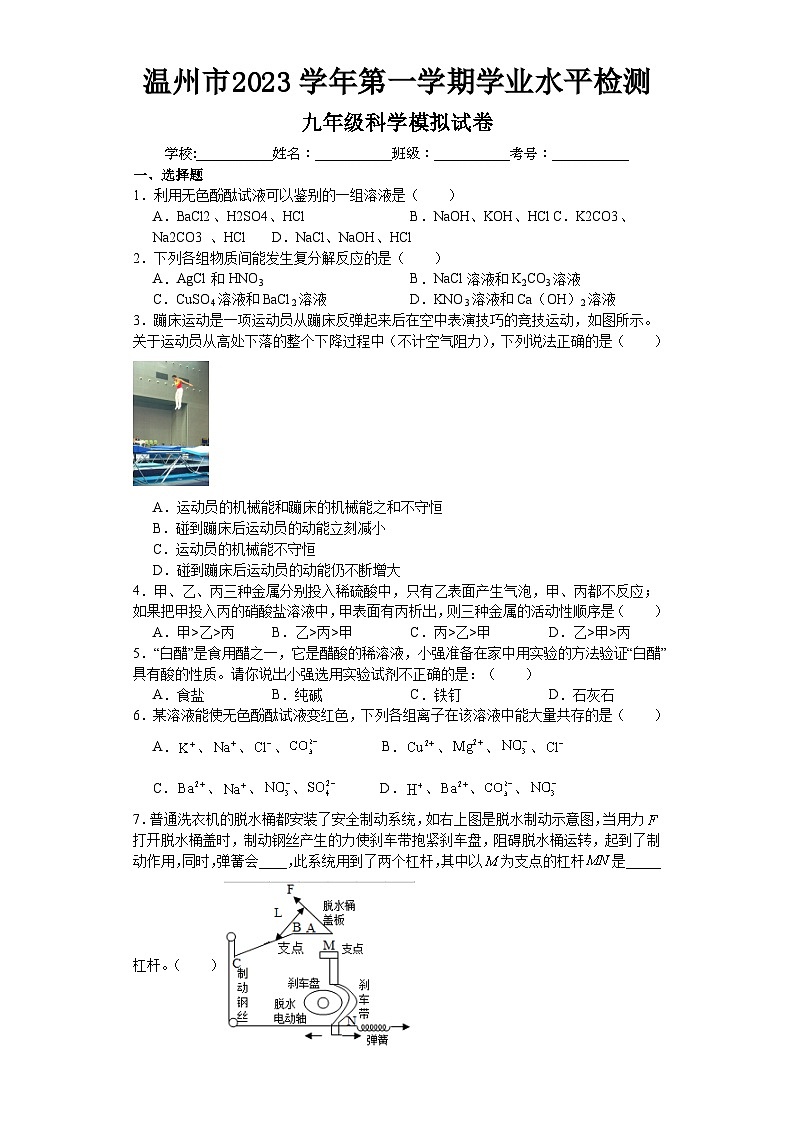 2023-2024学年浙江省温州市九年级（上）期末科学模拟练习试卷第1页
