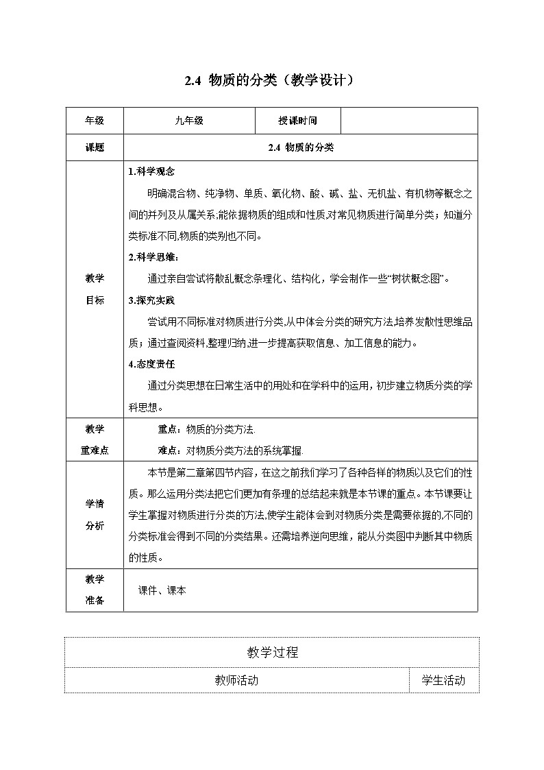 2.4 物质的分类（教学设计）- 2024-2025学年度九年级科学上册同步高效课堂（浙教版）第1页