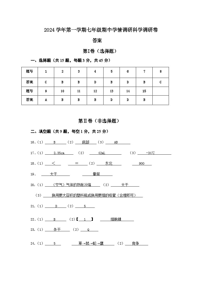 浙江省杭州市萧山区杭州萧山东片7校期中联考2024-2025学年七年级上学期11月期中科学试题01