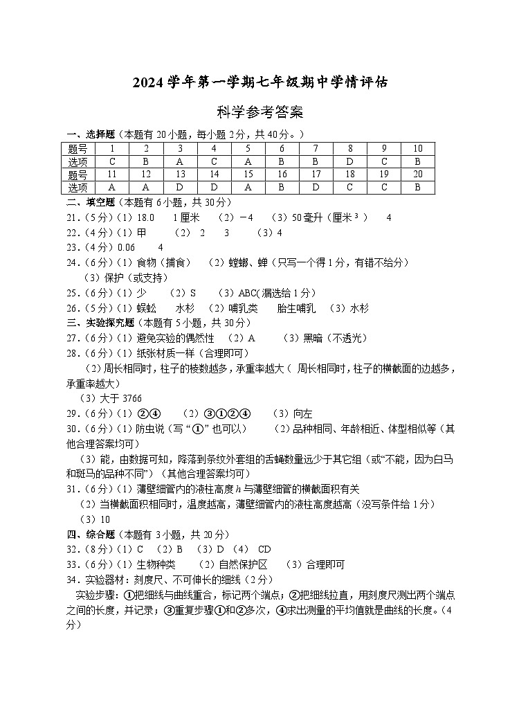 浙江省杭州市余杭区2024-2025学年七年级上学期11月期中科学试题01