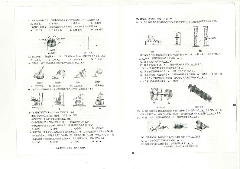 浙江省杭州市余杭区2024-2025学年七年级上学期11月期中科学试题02