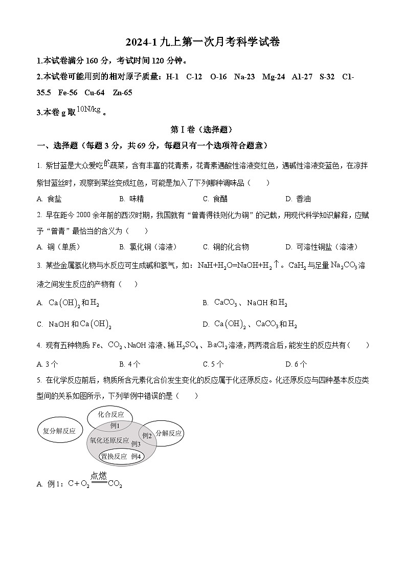 精品解析：浙江省杭州外国语学校2024-2025学年九年级上学期第一次月考科学试题（原卷版）第1页