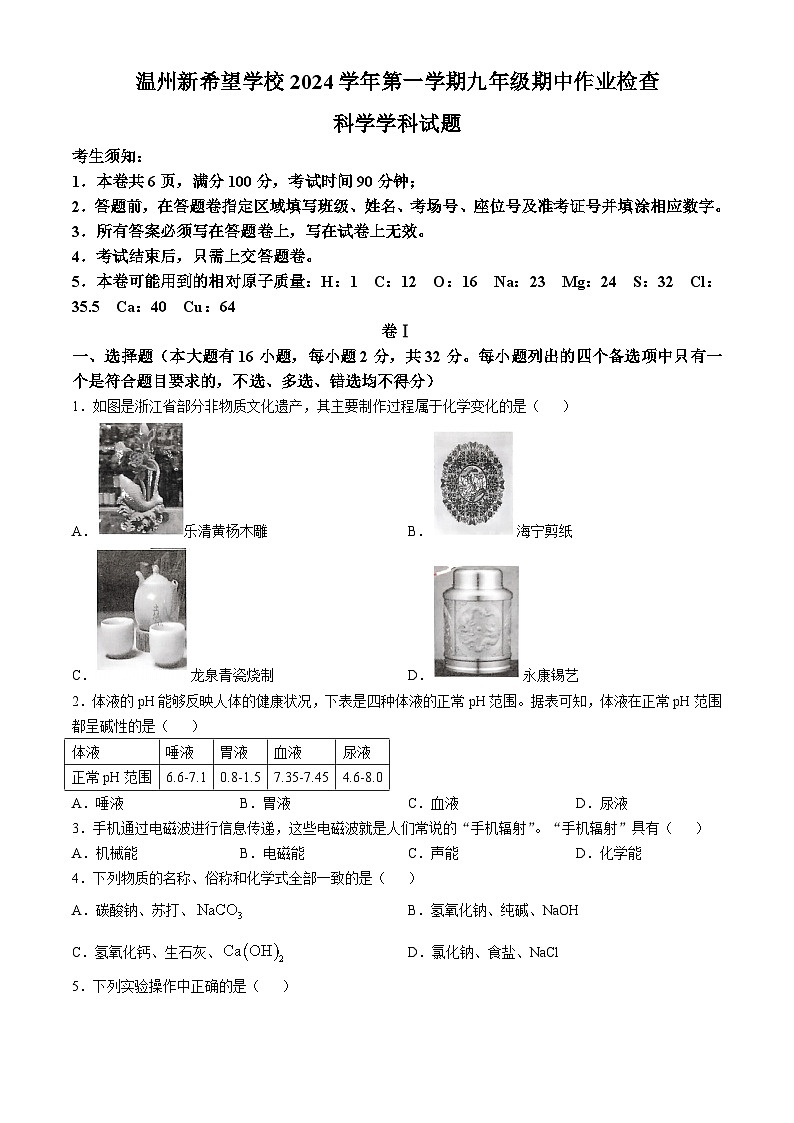 浙江省温州新希望学校2024-2025学年九年级上学期期中考试科学试卷第1页