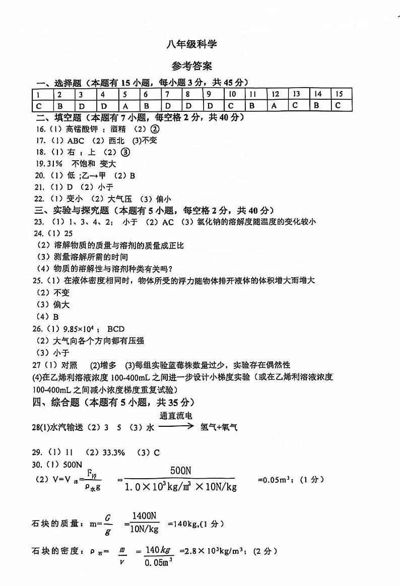 2024学校第一学期八年级期中学科素养监测科学参考答案第1页