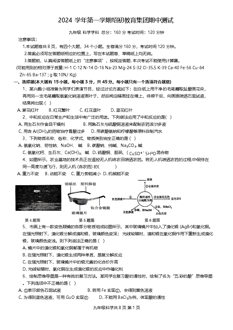 浙江省绍兴市越城区绍兴市第一初级中学2024-2025学年九年级上学期11月期中科学试题第1页