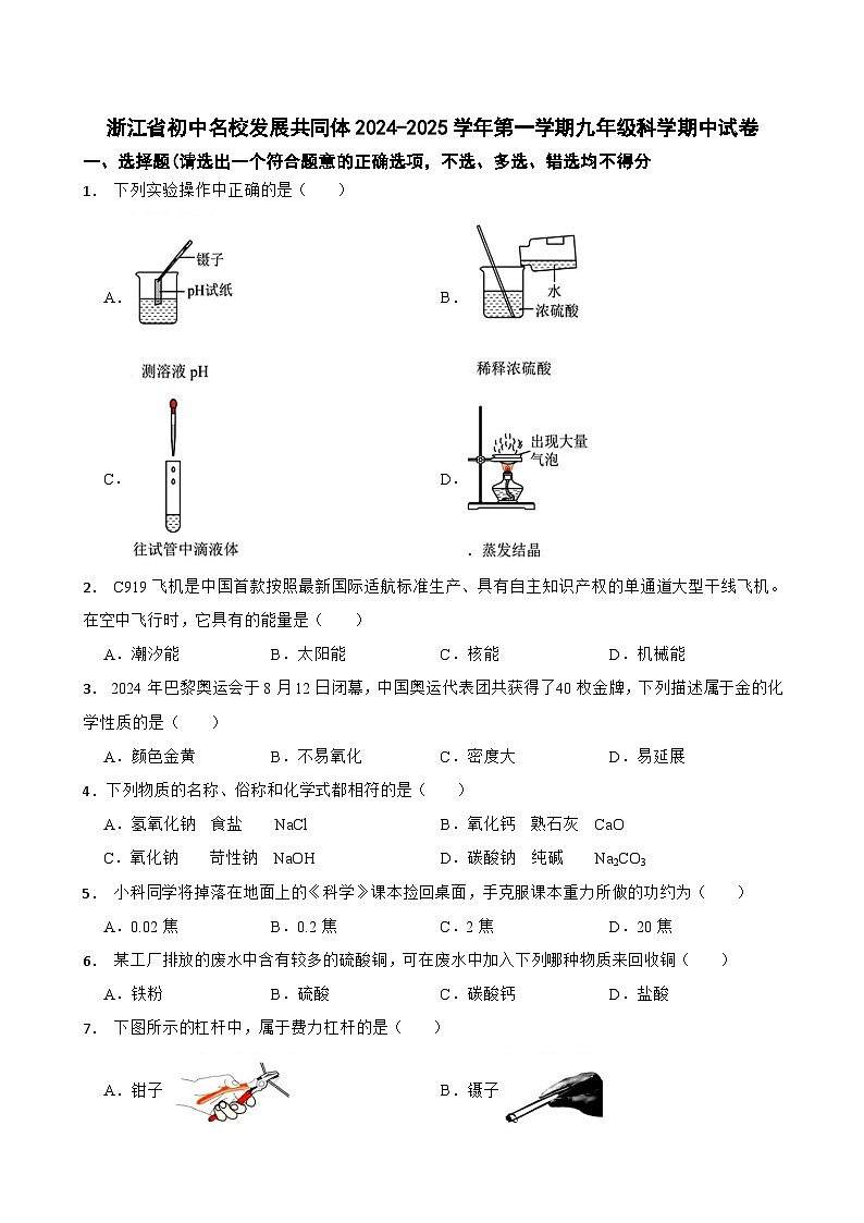浙江省初中名校发展共同体2024-2025学年九年级上学期期中考试科学试卷第1页